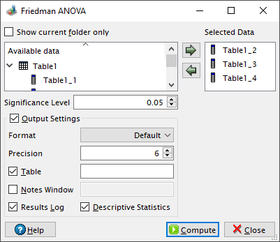 Friedman ANOVA dialog in QtiPlot.